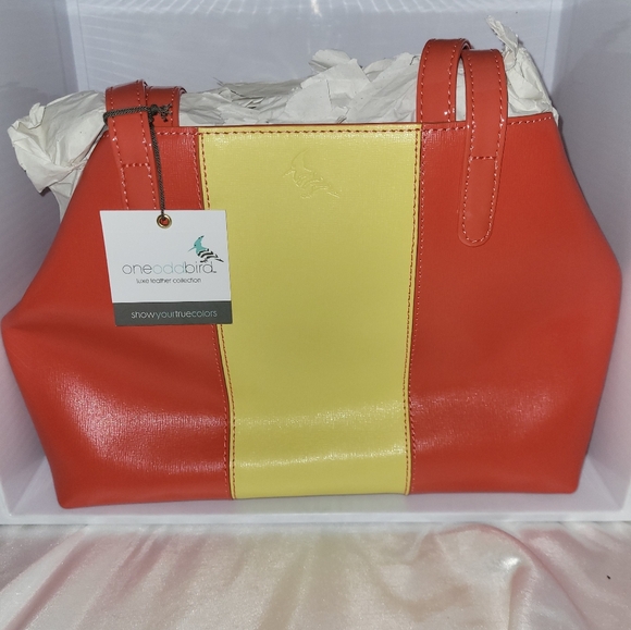 ONEODDBIRD The Lorikeet Saffiano Leather Handbag RED/YELLOW, BENEFITS AUTISM NWT - Picture 1 of 9